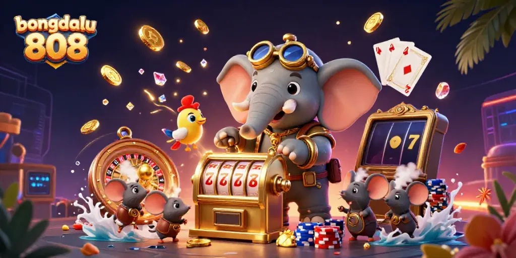 Experience excitement with Bongdalu 808 as a steampunk elephant operates a thrilling slot machine surrounded by golden treasures.