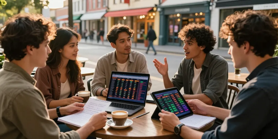 Group discussion about situs togel at a café table with coffee and digital devices.