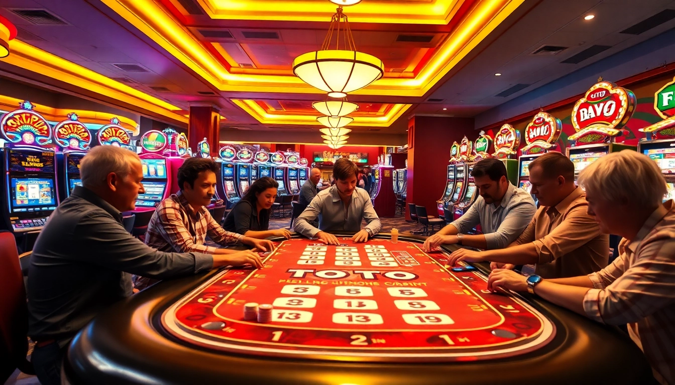TOTO tabletop gambling game in a lively casino atmosphere, engaging players and colorful lights.
