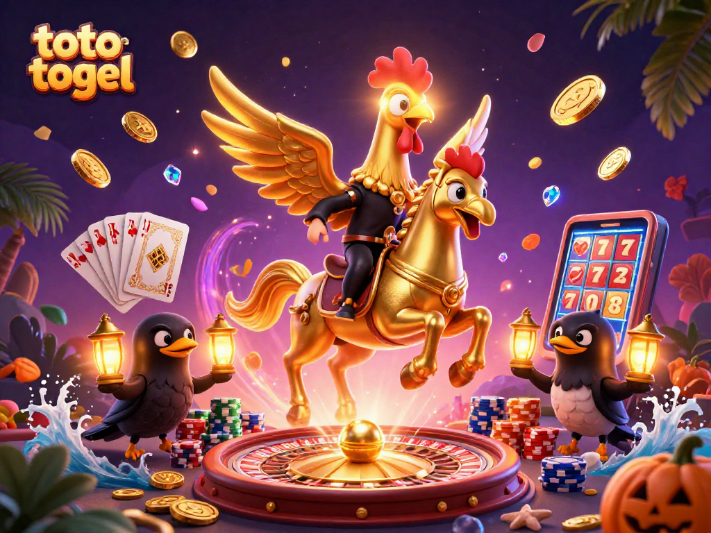 Ilustrasi 3D toto togel menampilkan ayam jantan emas dengan latar kasino magis.