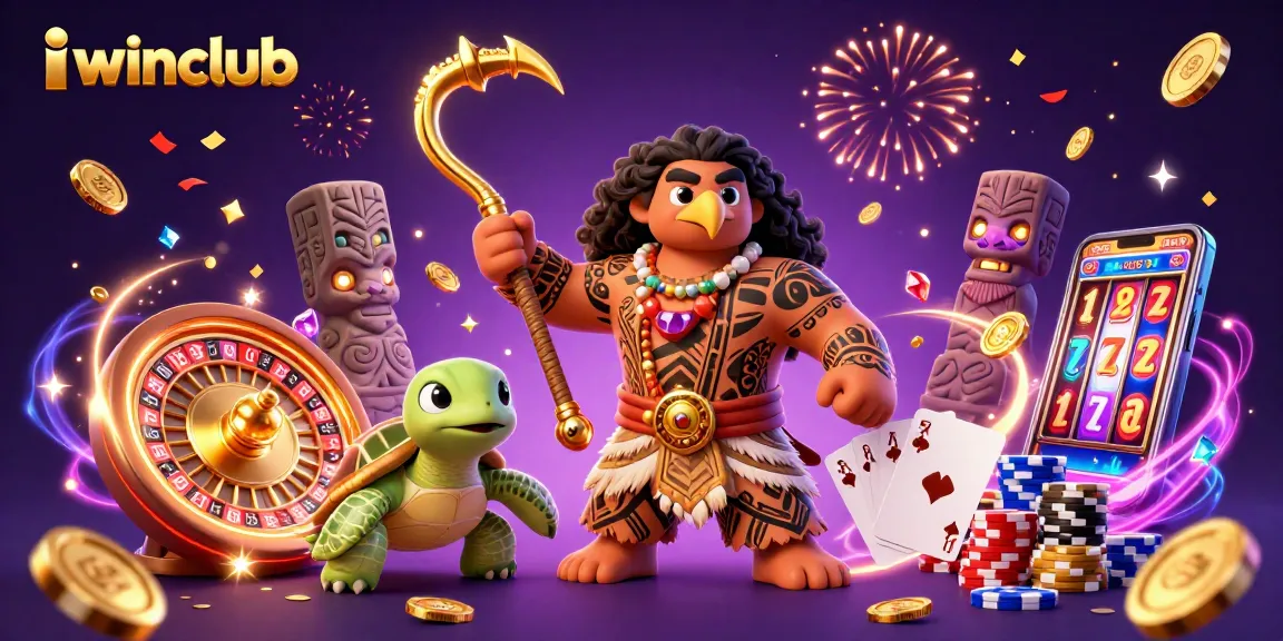 Experience vibrant gaming action at iwinclub with a demigod and treasures in a casino scene.