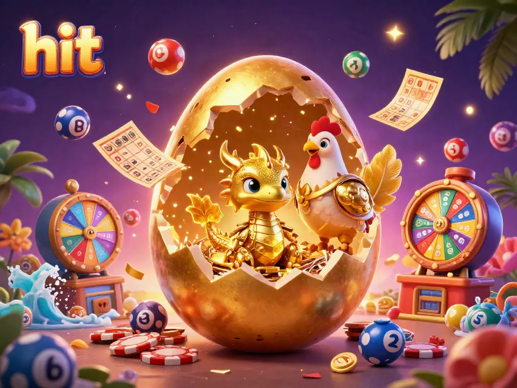 Experience the thrill of hit gaming with a golden dragon guarding poker chips and vibrant lottery elements.