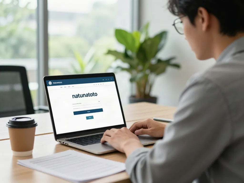 Proses login natunatoto di lingkungan kantor modern dengan laptop dan dokumen.