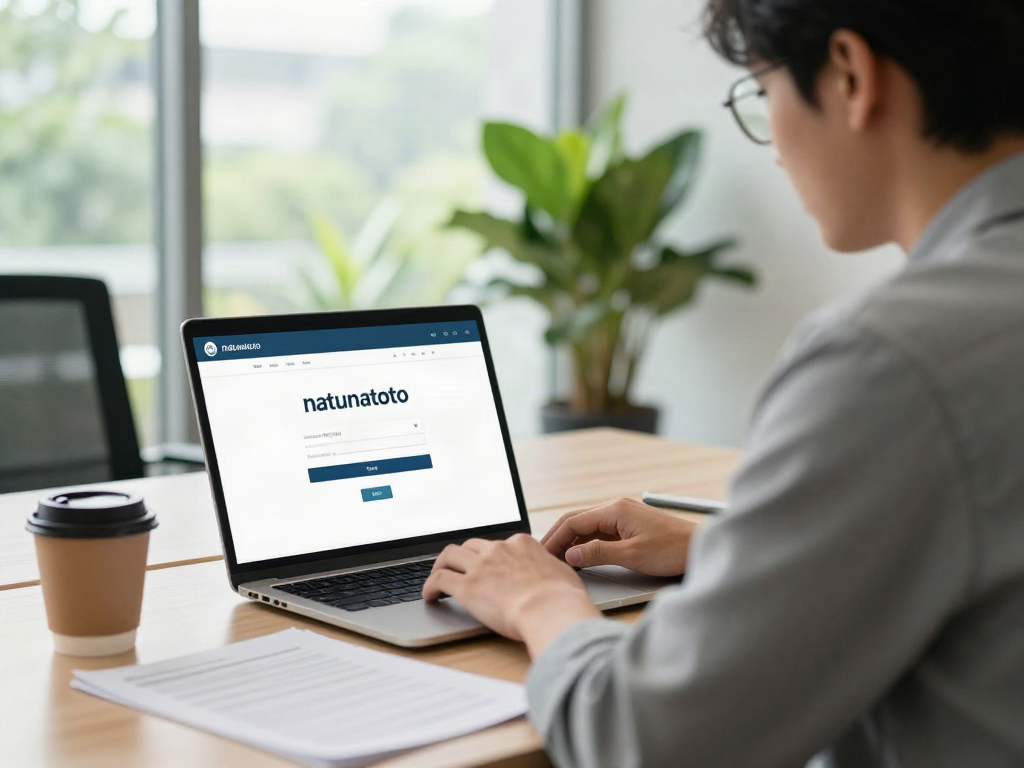 Proses login natunatoto di lingkungan kantor modern dengan laptop dan dokumen.