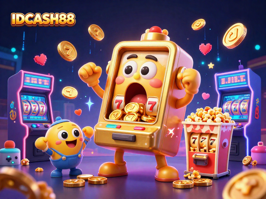 Spin the reels at IDCASH88 and watch as the golden slot machine celebrates its jackpot with coins!