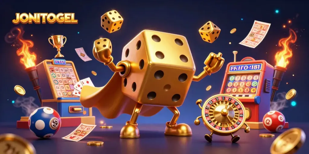 Experience thrilling gameplay with JONITOGEL featuring golden dice, bingo cards, and a vibrant lottery atmosphere.