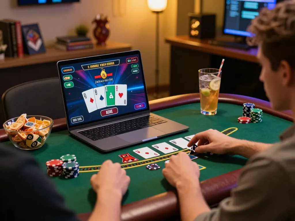 Dynamic blackjack gameplay at janadenole showcasing a player engaged on a laptop with vibrant graphics.