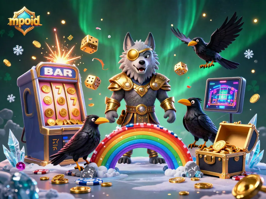 Gambarkan mpoid dengan slot mesin raksasa dan karakter mitologi berdiri di atas jembatan chip kasino.