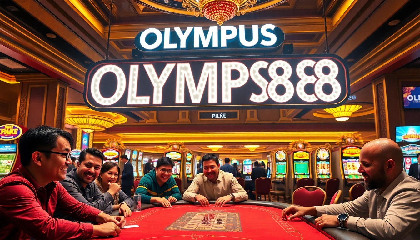OLYMPUS88 menampilkan suasana casino yang semarak dengan pemain poker dan mesin slot.