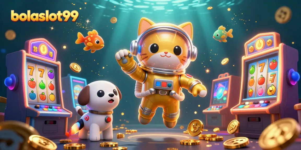 Bolaslot99 showcases an astronaut cat and robot dog in a vibrant casino-themed nebula.