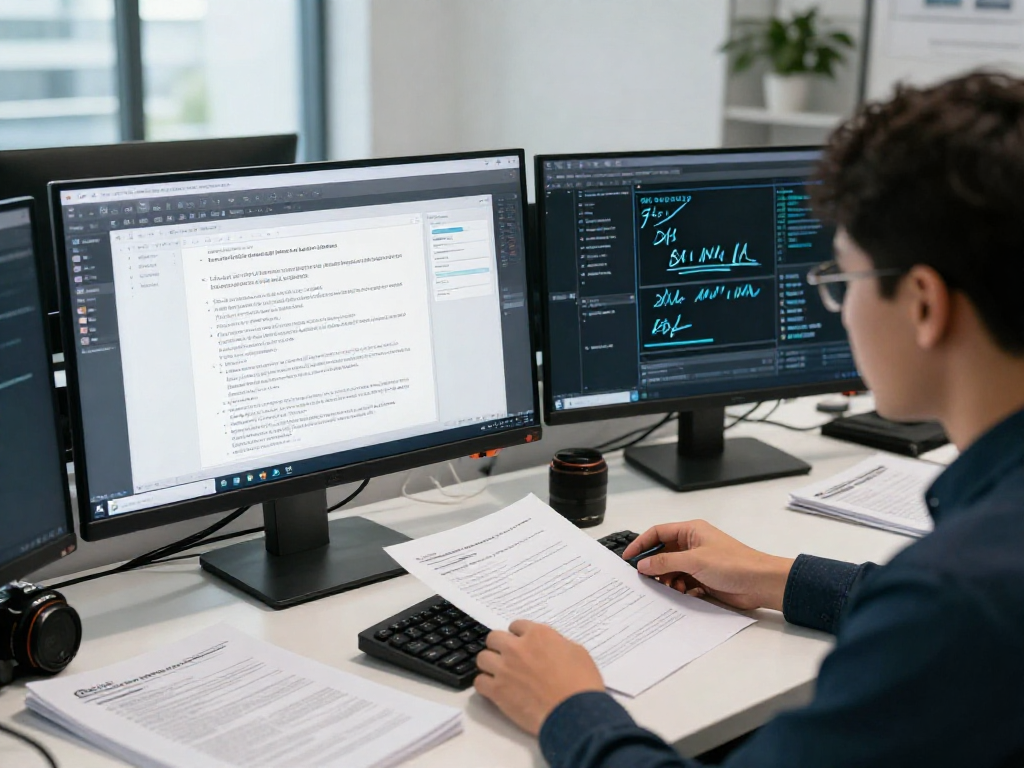 Professional analyst utilizing document fraud detection software in a sleek office environment, analyzing digital signatures and AI results.