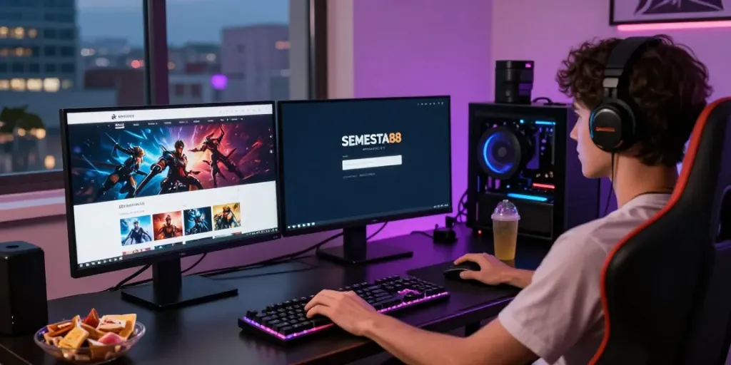 SEMAST88 login page visible on dual monitors in a professional gaming setup.