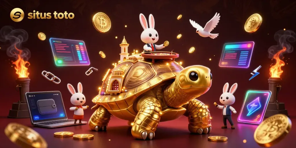 Engage in situs toto with a dazzling golden tortoise casino scene, featuring a rabbit dealer and flying coins.