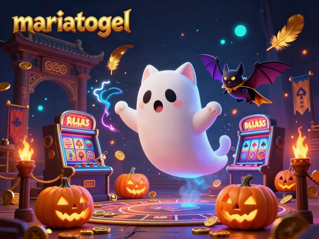 Play exciting games at mariatogel with glowing jack-o-lanterns and a friendly ghost cat in a haunted casino.