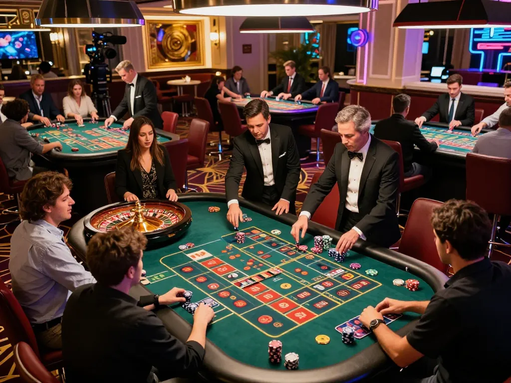 Permainan yang mendebarkan di meja roulette Bandar Togel Slot dengan pemain antusias dan lampu neon yang cerah