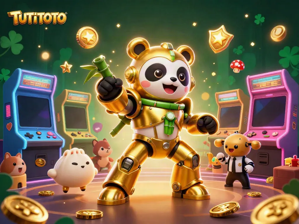 TUTITOTO showcases an action-packed 3D casino scene with a golden panda mech battling in an arcade, radiating excitement.