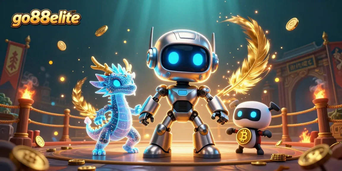 Engage with go88elite's vibrant casino scene featuring a futuristic mascot and dragon amid dynamic betting elements.