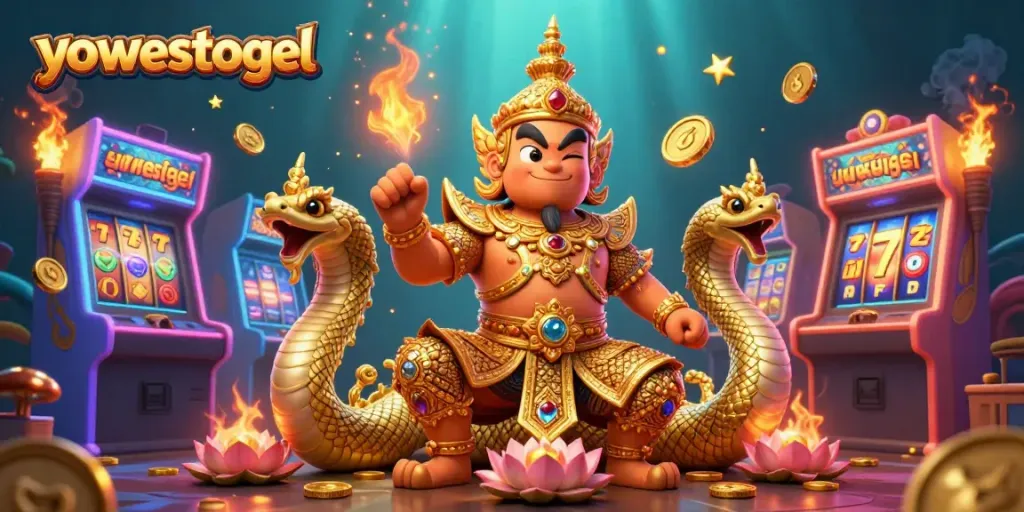 Engage with yowestogel's dynamic gaming scene featuring a golden yaksha and vibrant slot reels.