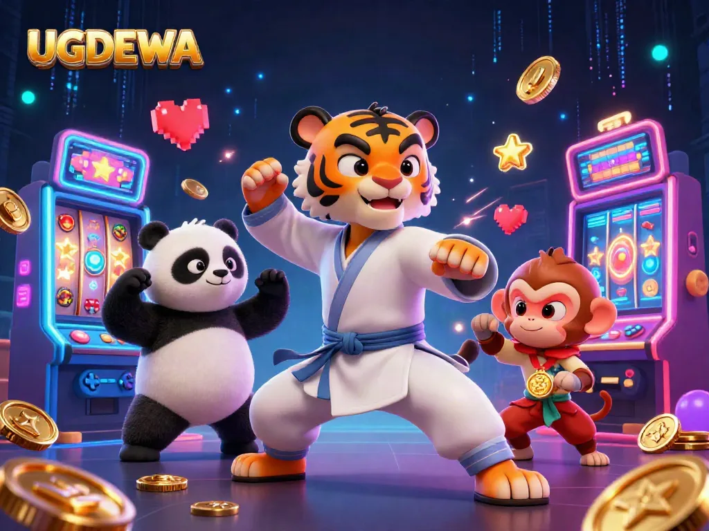 Experience the thrill of UGDEWA with playful characters, vibrant slot machines, and dynamic gaming action.