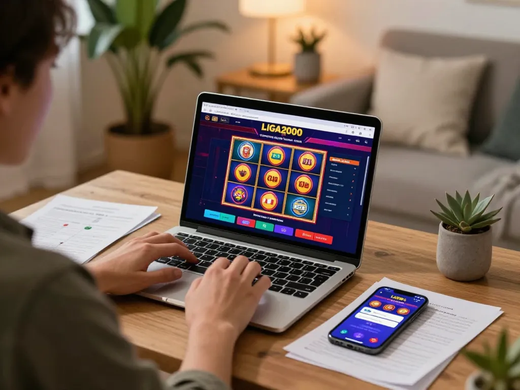LIGA2000 player engaging with exciting slot games in a cozy home setting