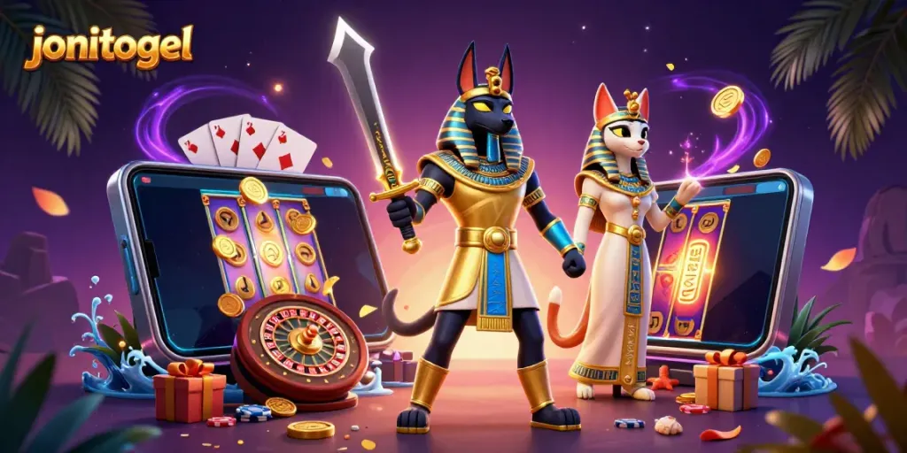 Engage in thrilling gameplay with jonitogel, featuring Anubis and Bastet in a vibrant casino scene.