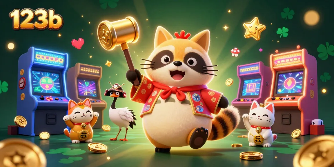 Game with 123b and cheerful tanuki in a vibrant casino scene, enjoying lucky moments.