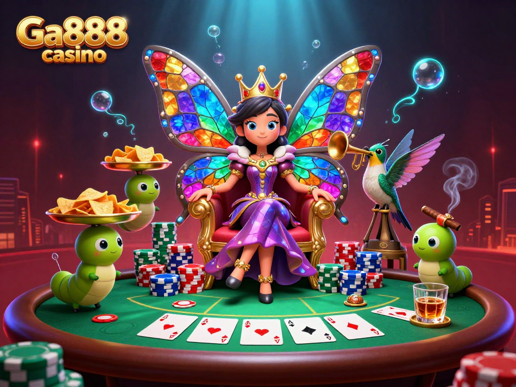 Play exciting games at Ga888 casino, featuring colorful poker elements in a vibrant scene.