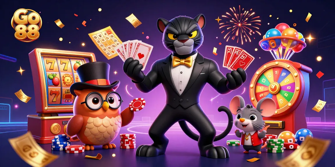 Experience the excitement at Go 88 with our stylish characters enjoying a vibrant casino game atmosphere.