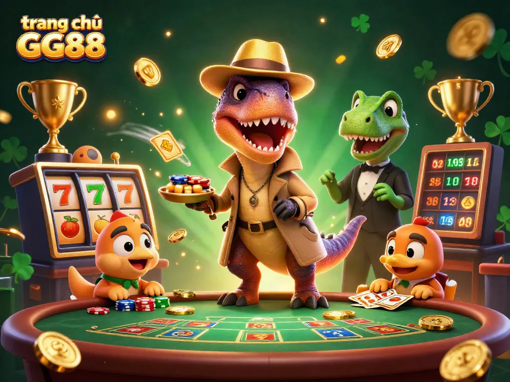 Engage with trang chủ GG88 as the velociraptor counters cards at a busy blackjack table with vivid slot elements.