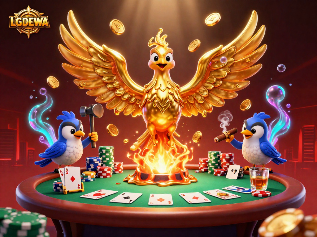 Experience the thrill of LGODEWA with a golden phoenix, poker elements, and vibrant casino atmosphere.