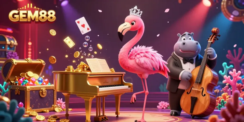 Experience the vibrant energy of GEM88 with a flamingo singer and hippo bassist in a colorful casino scene.