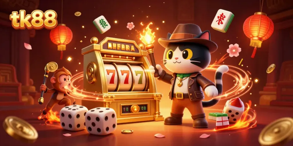 Engage with the dynamic tk88 gaming scene featuring an explorer cat at a golden slot machine surrounded by vibrant casino elements.