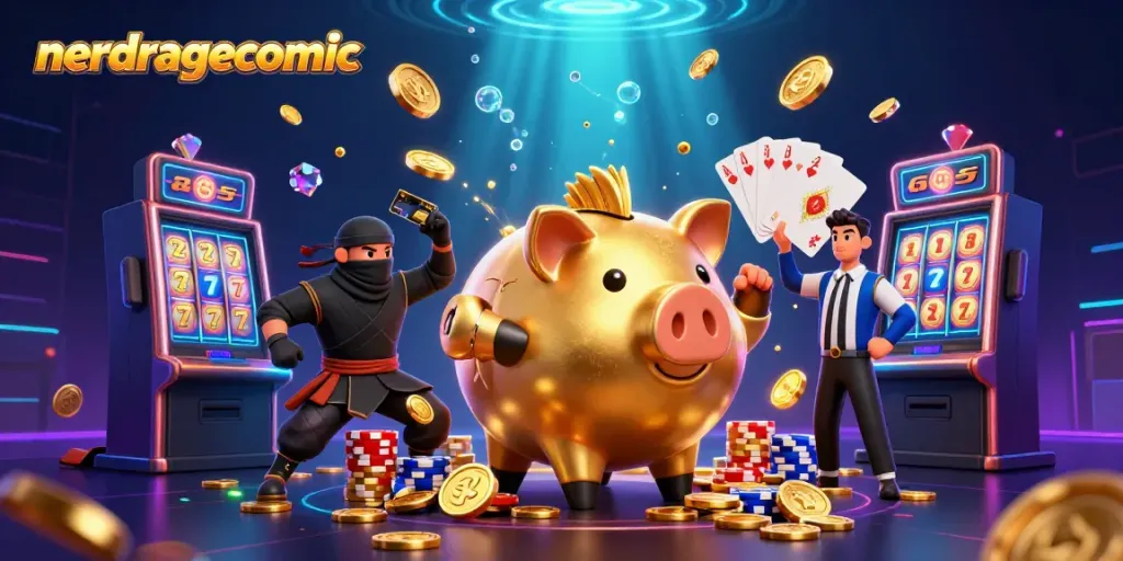 Komik nerdragecomic menggambarkan sumo penjaga piggy bank emas melawan ninja dompet di kasino