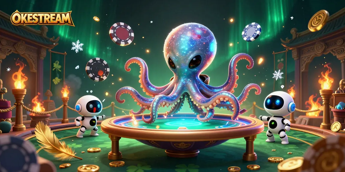 Mengalahkan taruhan olahraga di OKESTREAM dengan alien cumi-cumi 3D di meja poker futuristik.