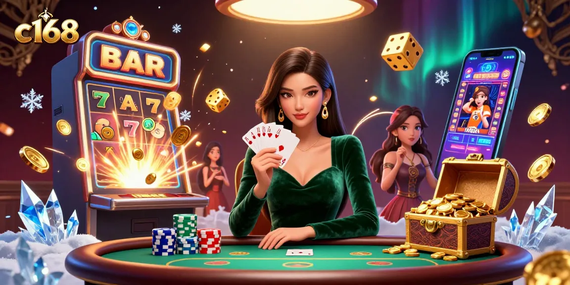Experience thrilling gaming at c168 with vibrant slot machines and a focused poker player.