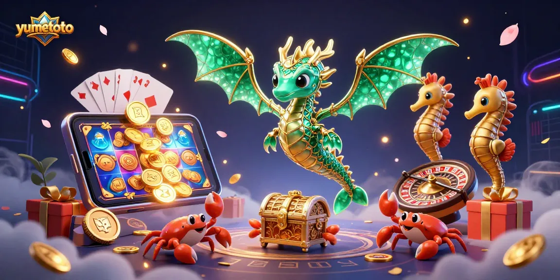 yumetoto showcases a lively sea dragon floating amidst vibrant casino elements, exemplifying thrilling gambling experiences.