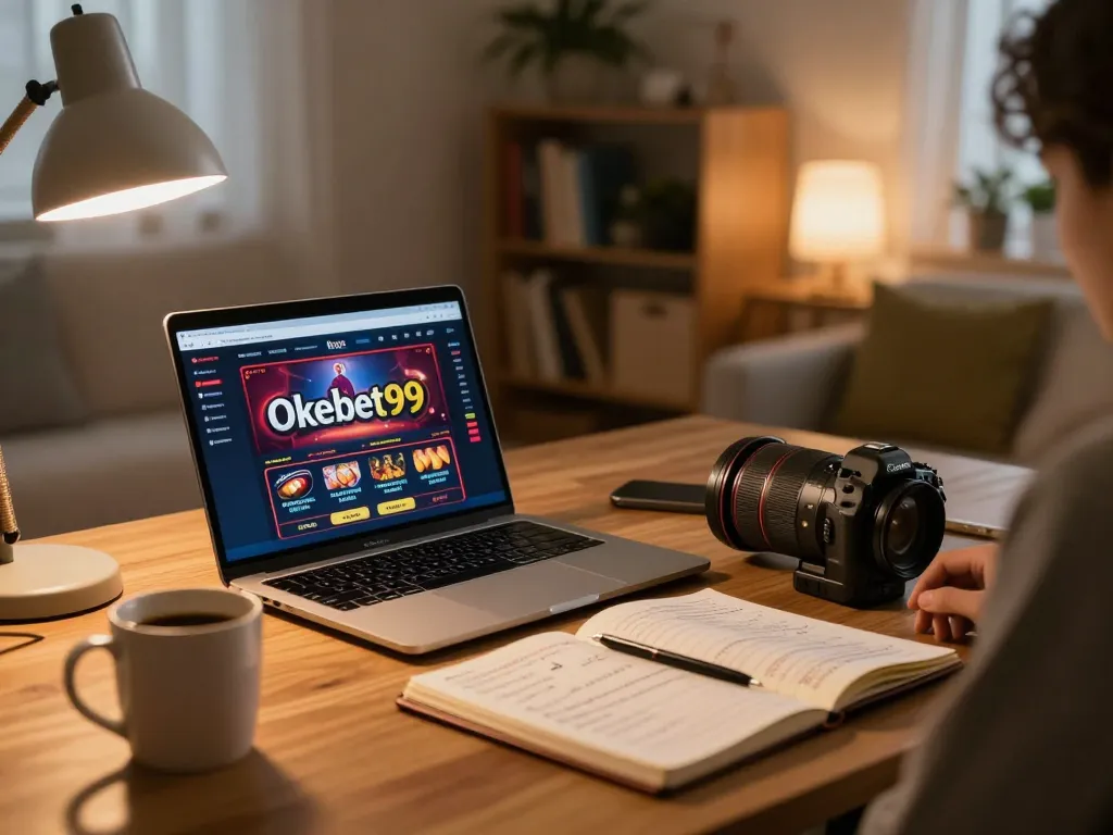 Berkelut dalam permainan dengan antarmuka kasino Okebet99 di laptop, menampilkan pengaturan permainan online yang nyaman.