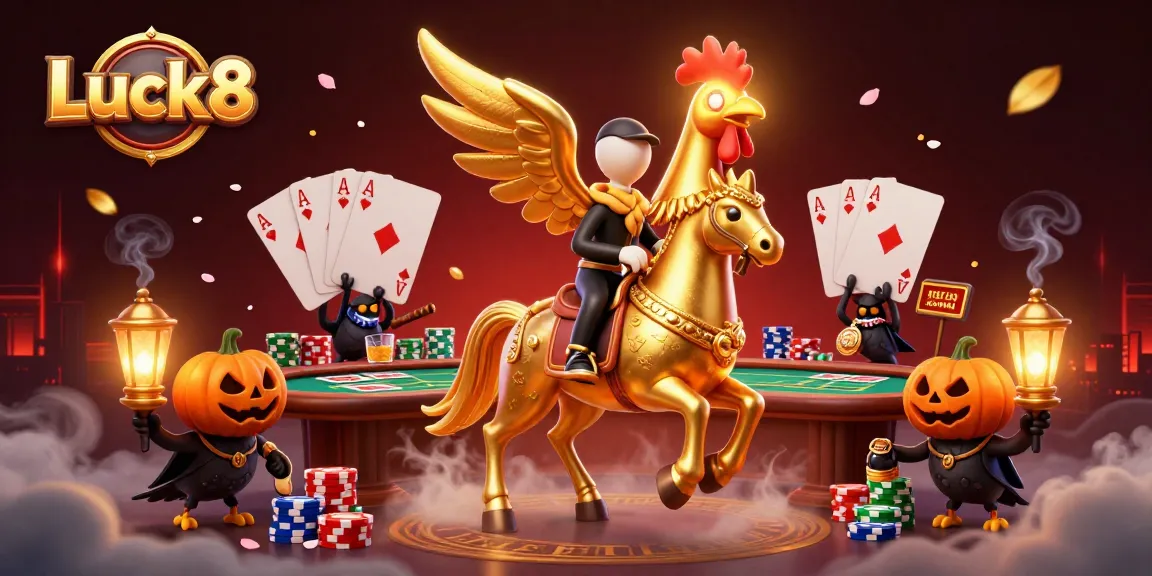 Experience the thrill of gaming at Luck8 casino with golden rooster and vibrant poker elements.