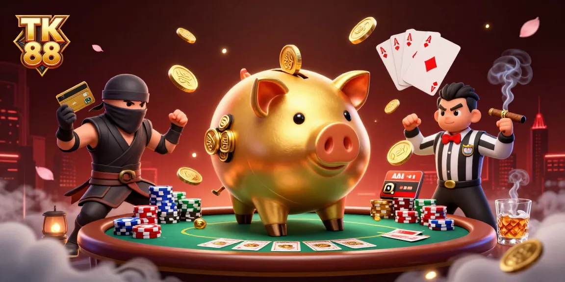 Experience thrilling wins with TK 88 as the sumo wrestler shakes golden coins from a dynamic poker scene.