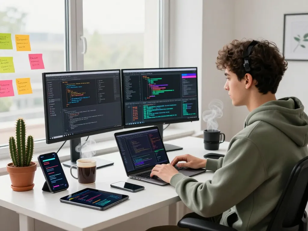 Dynamic software developer coding with crush ai tools in a vibrant workspace setting
