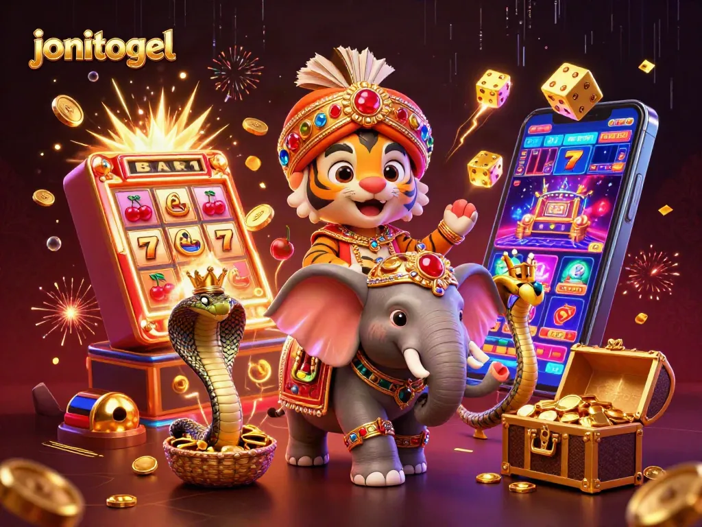 Experience the thrill of jonitogel with a vibrant 3D casino illustration showcasing a jewel-encrusted elephant and slot machine.