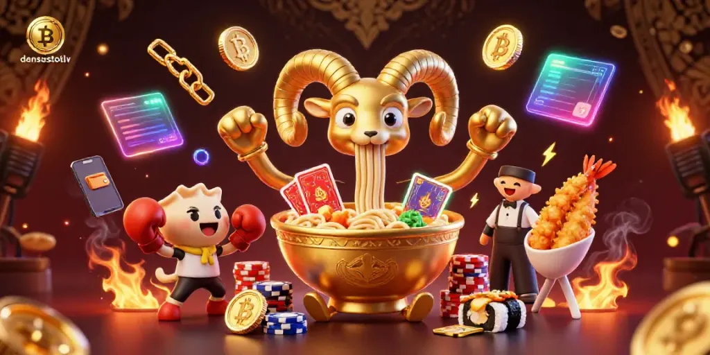 Experience excitement with densustotolv's vibrant 3D casino scene featuring animated characters and crypto elements.