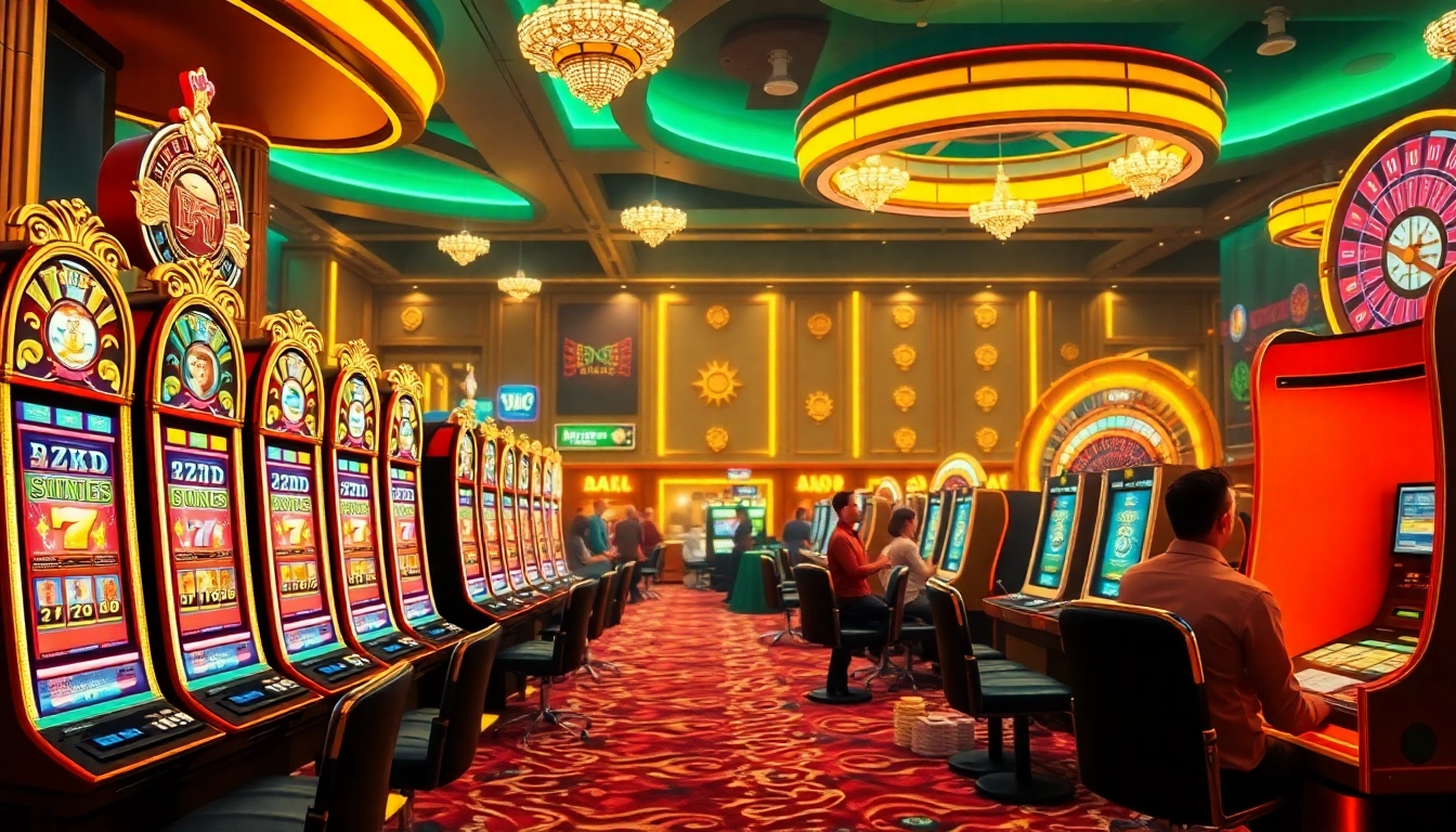 Engaging scene of players enjoying slot online games in a vibrant casino atmosphere.