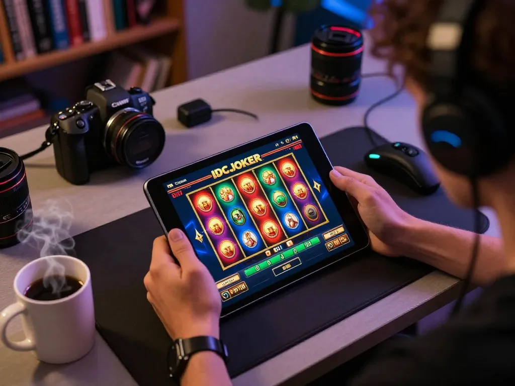 IDCJOKER slots gameplay on a tablet, showcasing immersive graphics and a focused player in a cozy home setting.