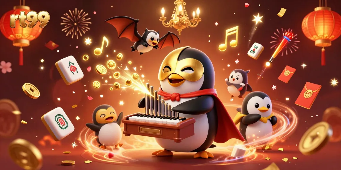 Play popular games at rt99 with a whimsical 3D penguin and golden elements illustrating casino fun.