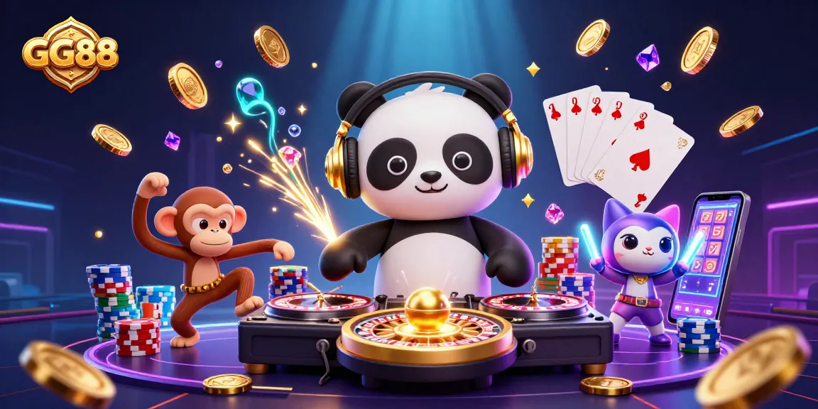 Engage in thrilling gameplay at GG88 with a vibrant casino scene featuring lively characters and dynamic game elements.