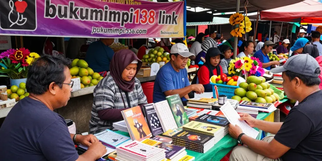 Pasar tradisional Indonesia dengan orang-orang berdiskusi tentang kitab mimpi, termasuk bukumimpi138 link.
