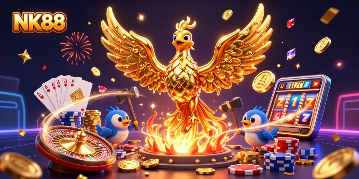 Engage with NK88's thrilling gaming world featuring a phoenix, coins, and casino elements
