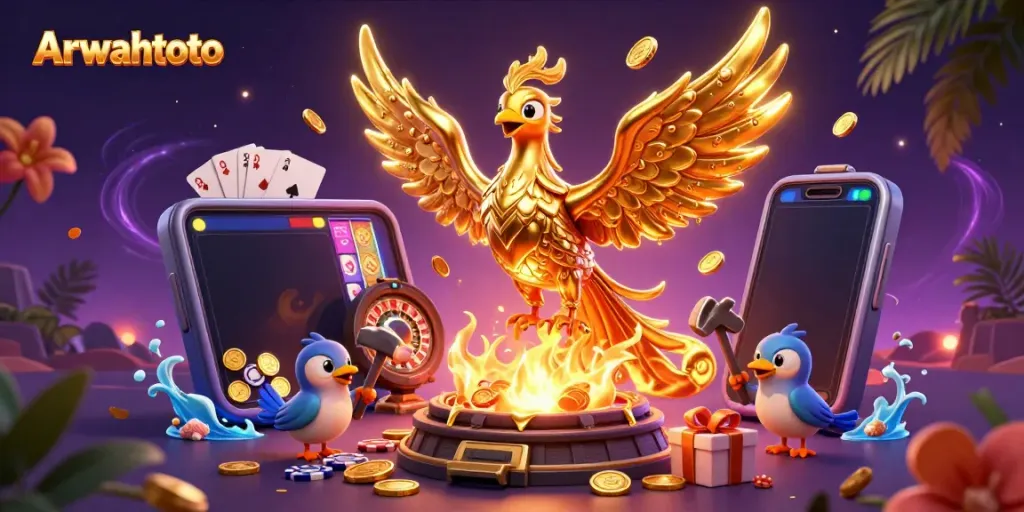Arwahtoto menghadirkan ilustrasi kasino dengan karakter phoenix dan simbol judi yang memukau.