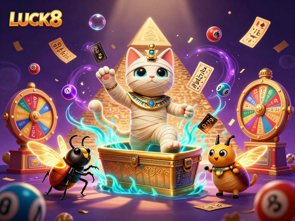 LUCK8 tạo ra không gian sòng bạc huyền bí với mèo xác ướp và bọ bướm lấp lánh bay bổng.